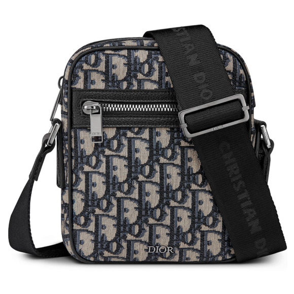 Dior Oblique Blue Beige Black Vertical Messenger Pouch Shoulder Crossbody Bag - Picture 1 of 12